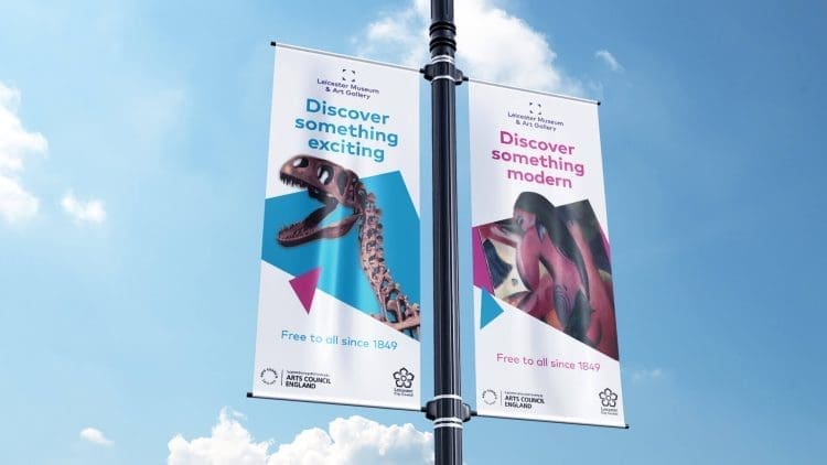 Leicester museum banners on a post