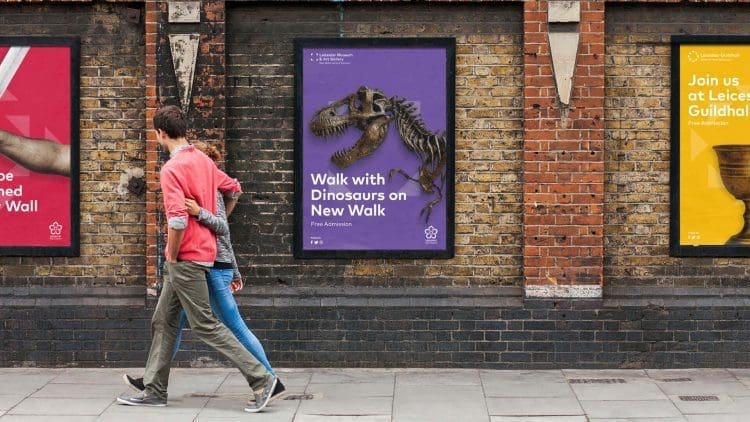 Leicester museum & art gallery poster with a dinosaur skeleton on it