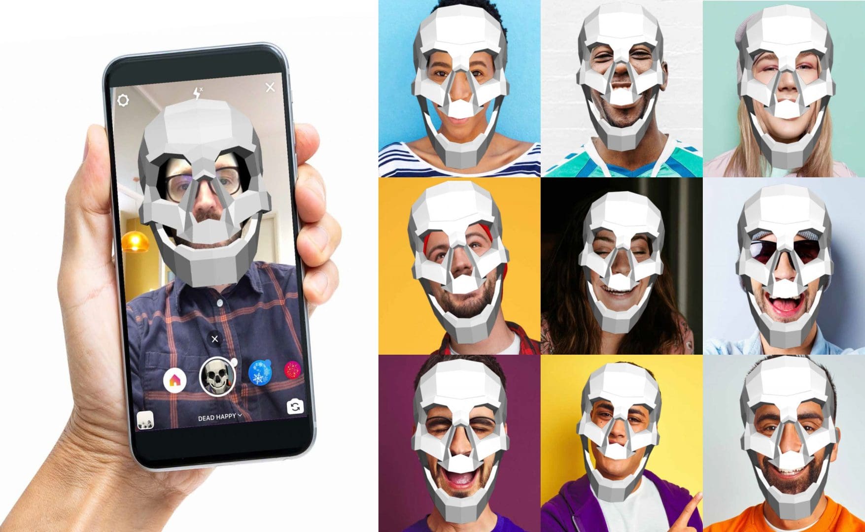 Dead Happy augmented reality photo filters with skulls on people's faces