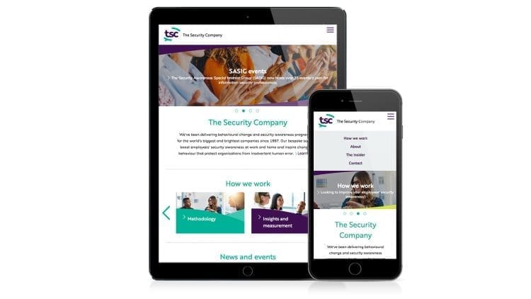 Security company branding on a tablet and phone