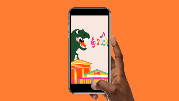 A singing dinosaur in front of a museum on a smartphone