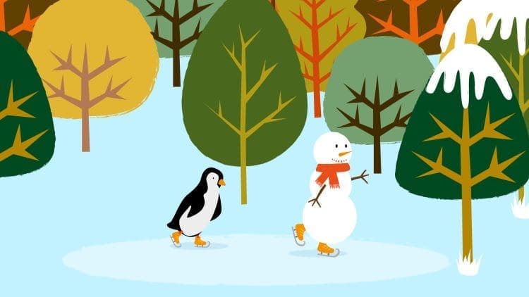 A penguin and a snowman skating in front of woods