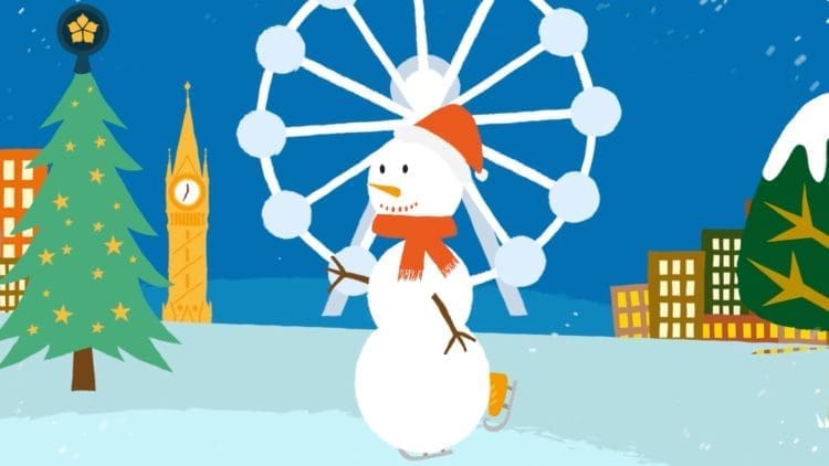 A snowman ice skating in front of a ferris wheel and clock tower