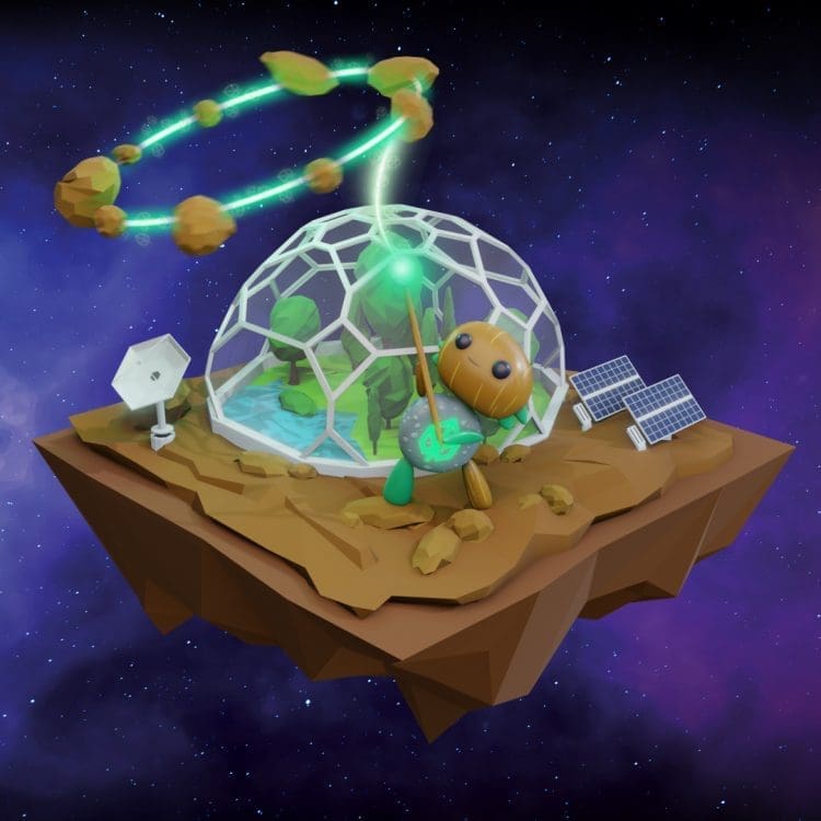 Eden network floating in space with a dome over greenery