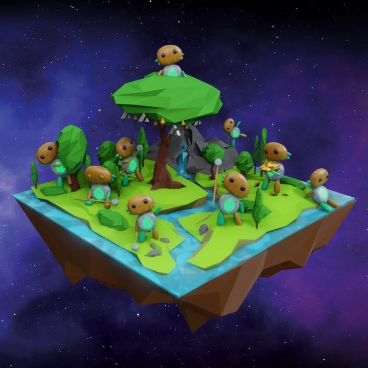 a tribe of Eden characters in a garden floating in space