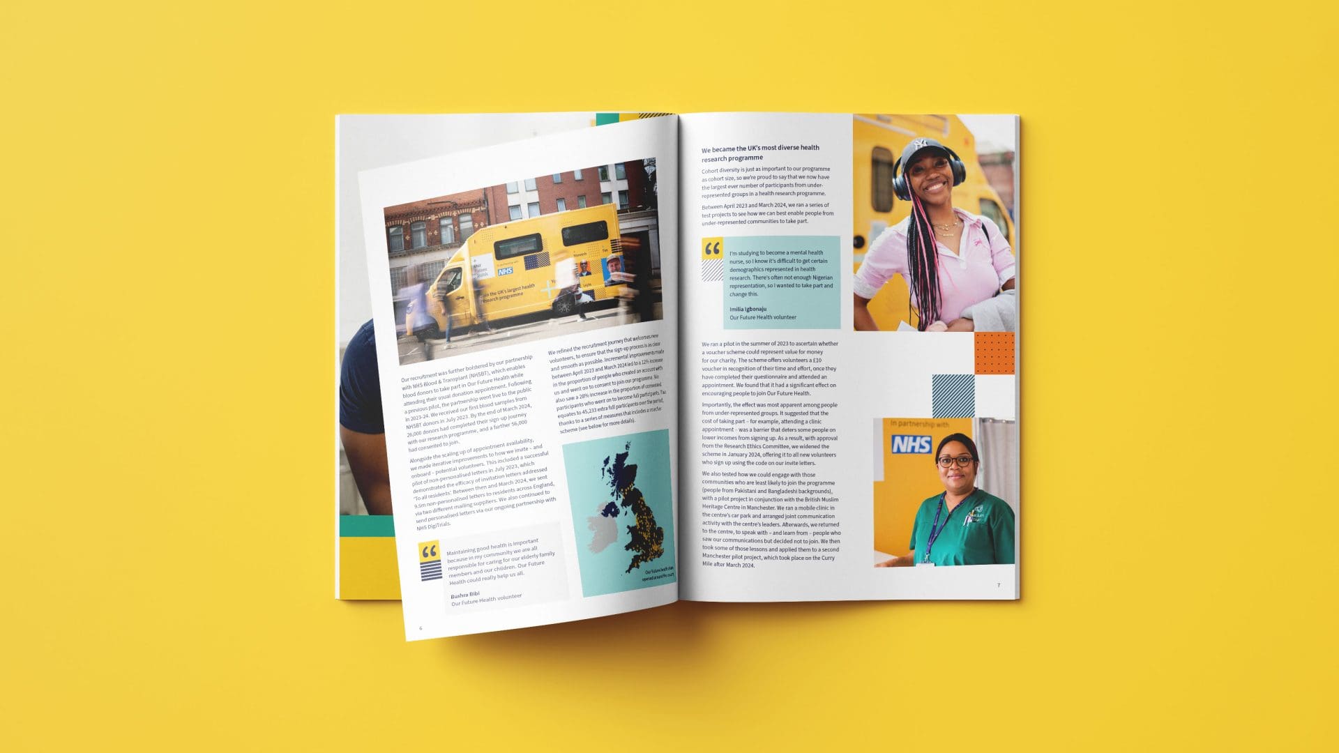 A open double page spread of a brochure on our future health