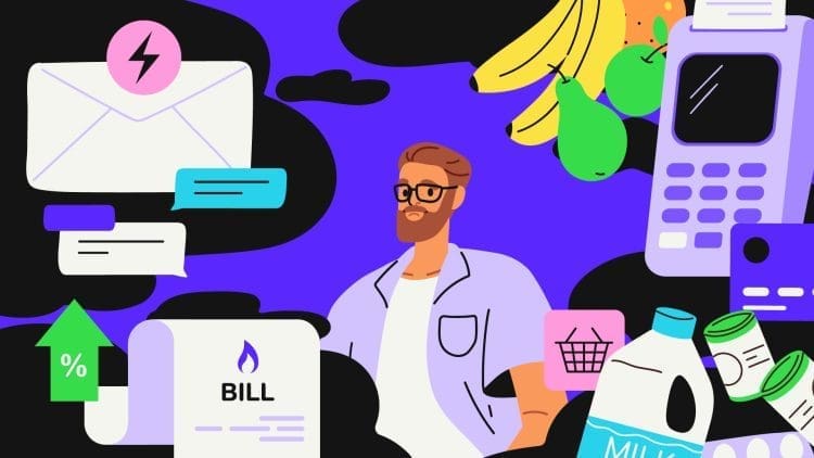 An illustration included in the Paysafe video showing a man and all the purchases he makes with his card