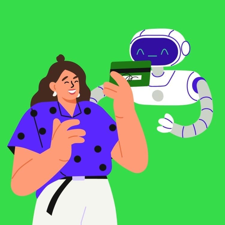 An illustration from the Paysafe animation showing a woman and robot smiling