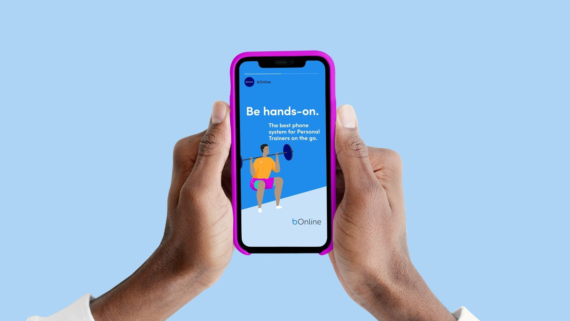 Two hands holding a mobile phone. The screen on the phone shows an advert for bOnline, with a character lifting weights.