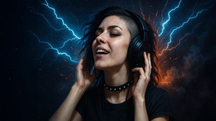 Alternative woman wearing headphones on a space background with lightening bolts and smoke