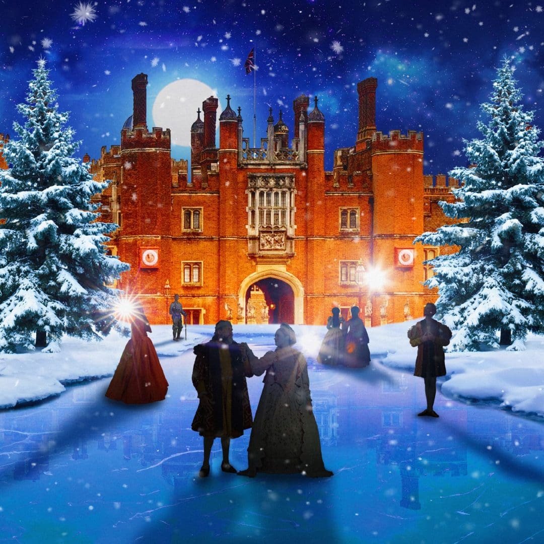 Tudor characters ice skating on an ice lake outside of Hampton Court Palace