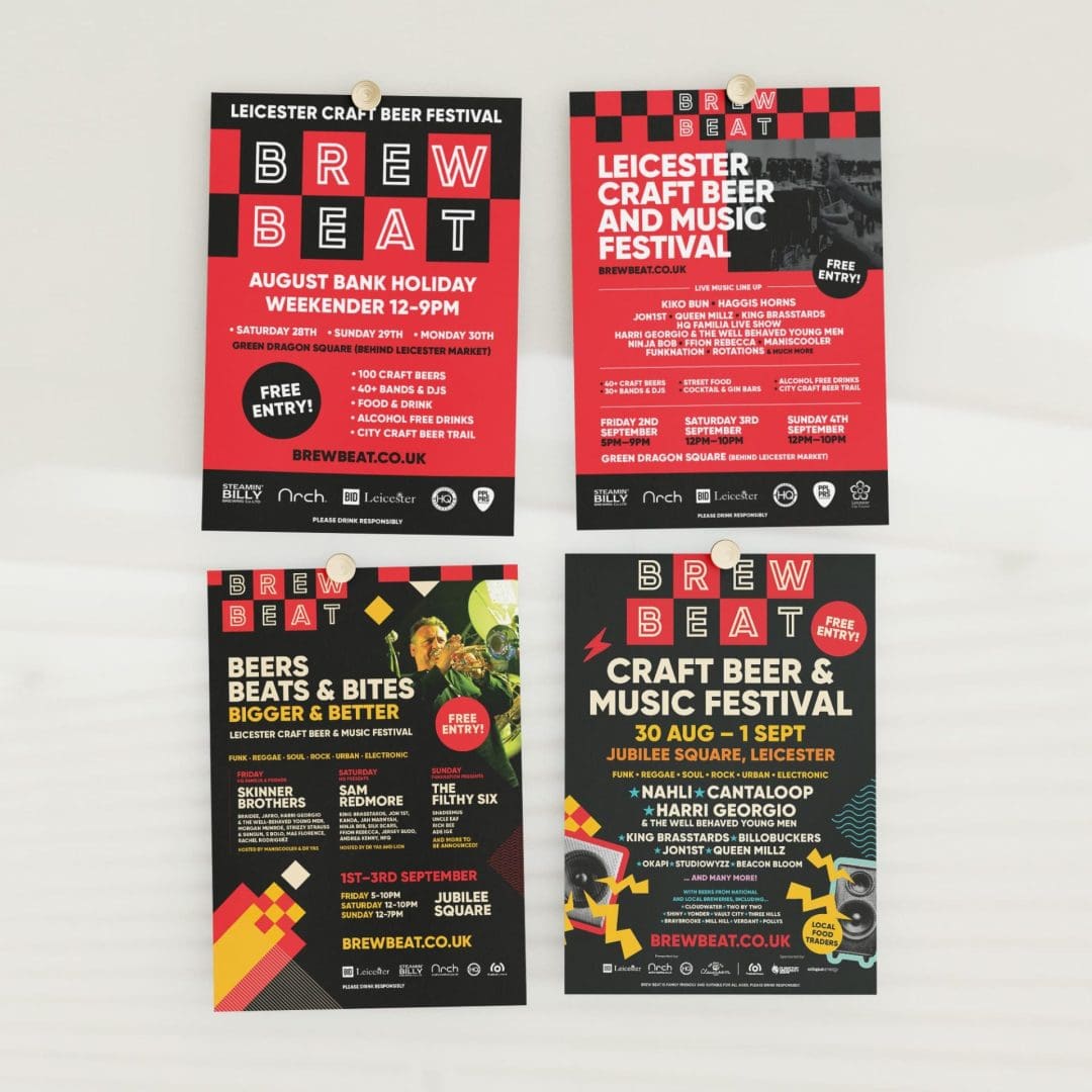 A grid of four Brew Beat posters showing design development.