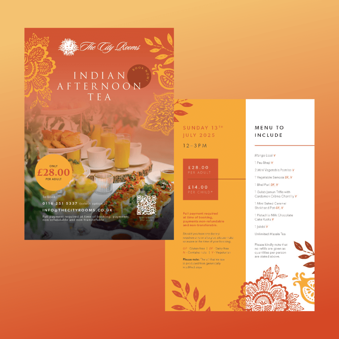 Front and back of flyer advertising an Indian afternoon tea offering