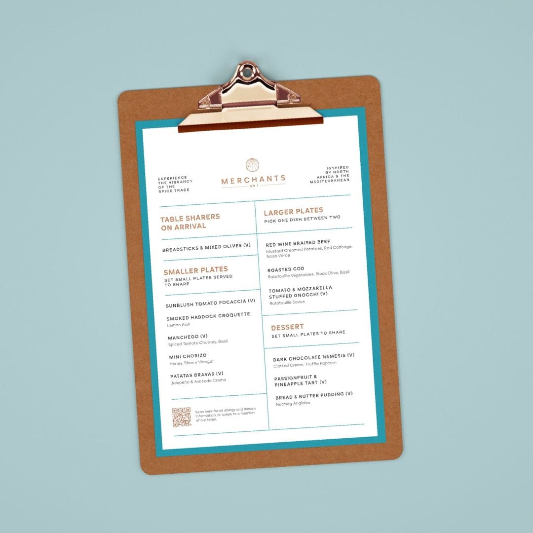 A4 Merchants menu page in wooden clipboard