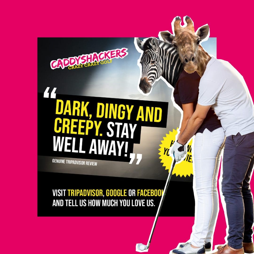 Caddyshackers Crazy Crazy Golf social post with a genuine bad review and a cut out of two golfers with a zebra and giraffe head