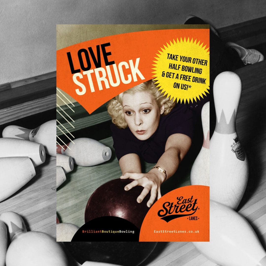 East Street Lanes poster with a retro bowling photo