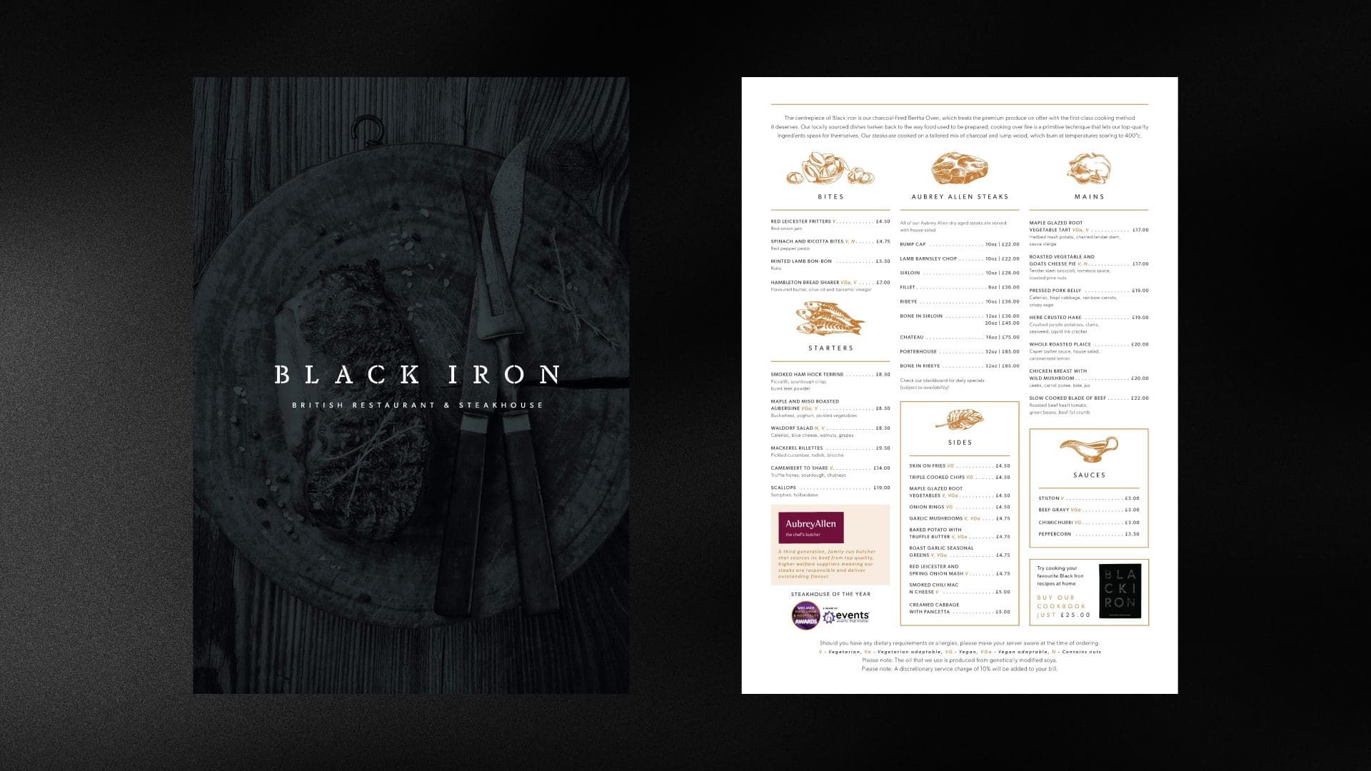 Black Iron A la carte menu is shown on a dark charcoal background