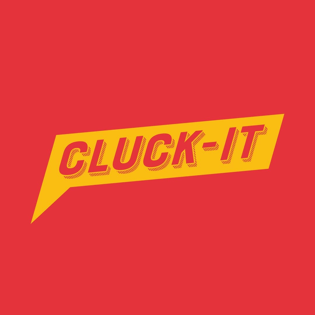 Cluck it logo in yellow on a vibrant red background