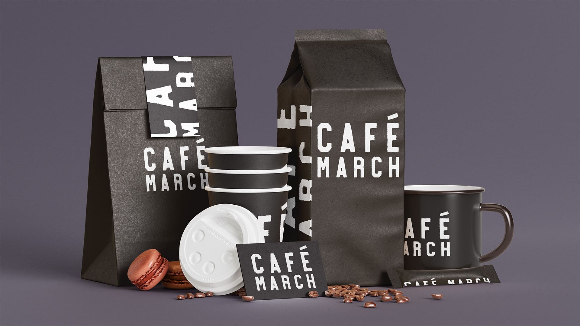 Compilation of coffee related items including cups, bag of coffee and sugar sachet, all with Cafe March branding