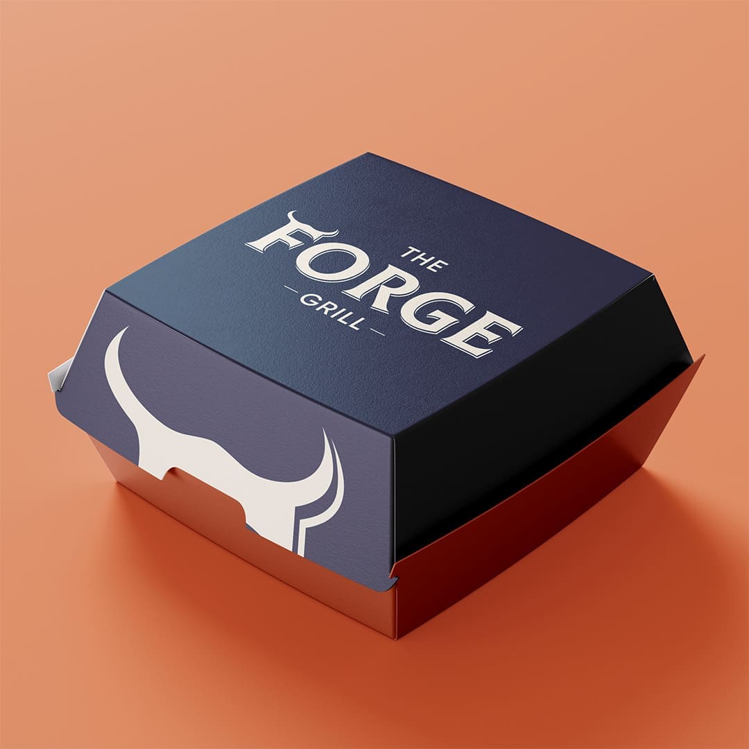 A closed burger box shows The Forge Grill logo and branding on an orange background.
