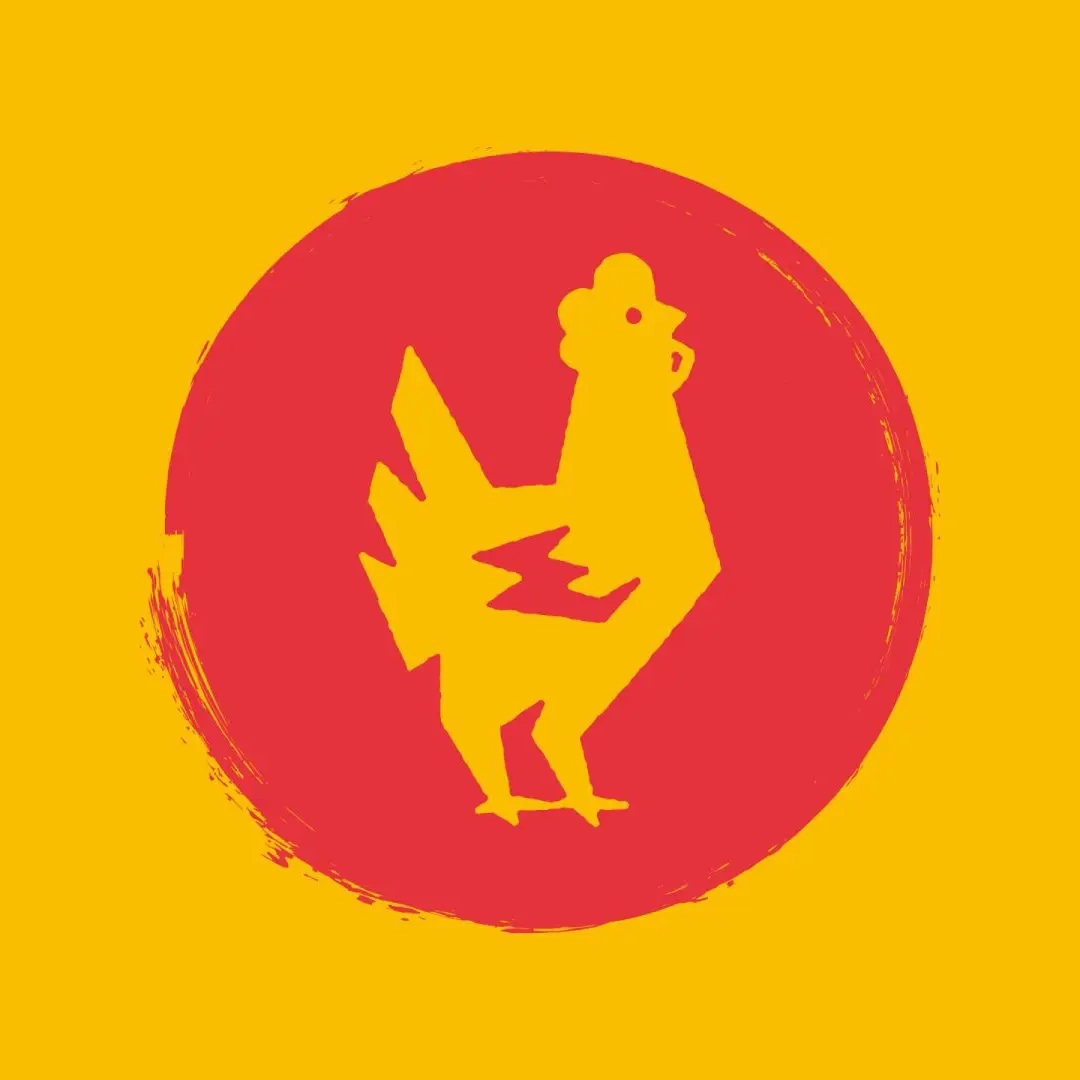 Illustration of an angular yellow chicken in a red circle