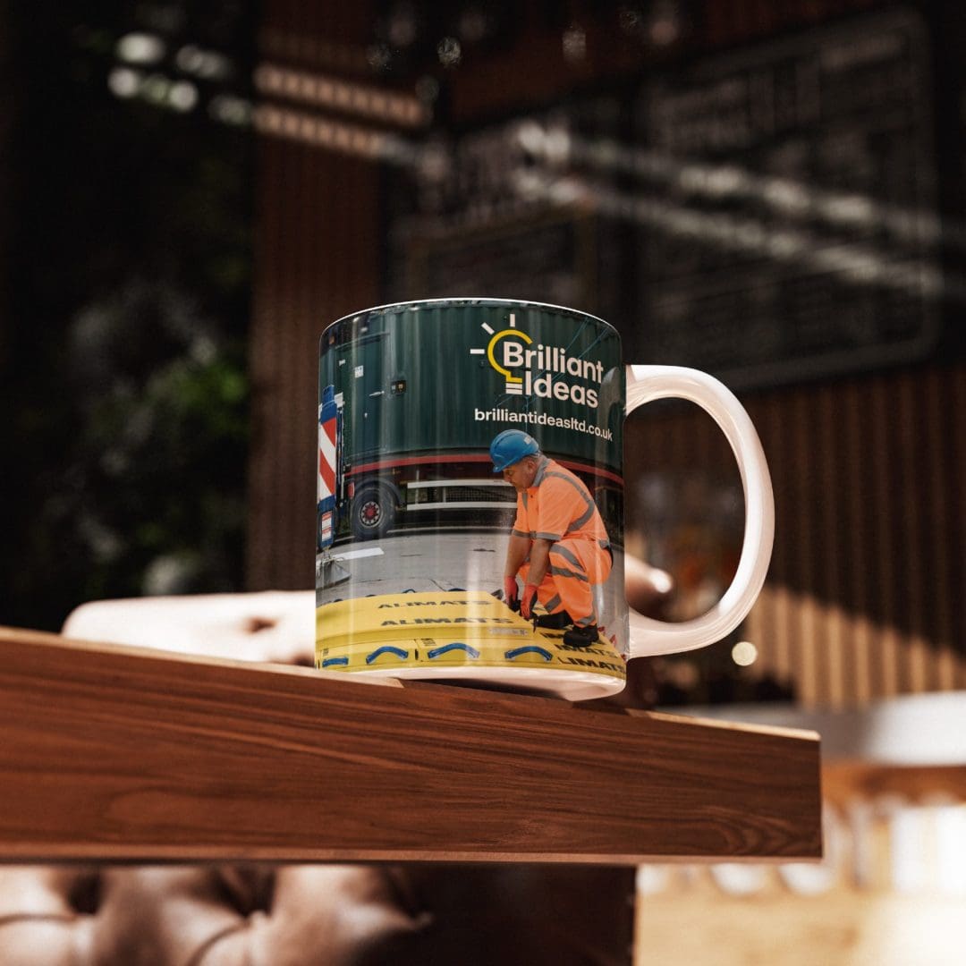 Brilliant Ideas mug with logo and photo of building site