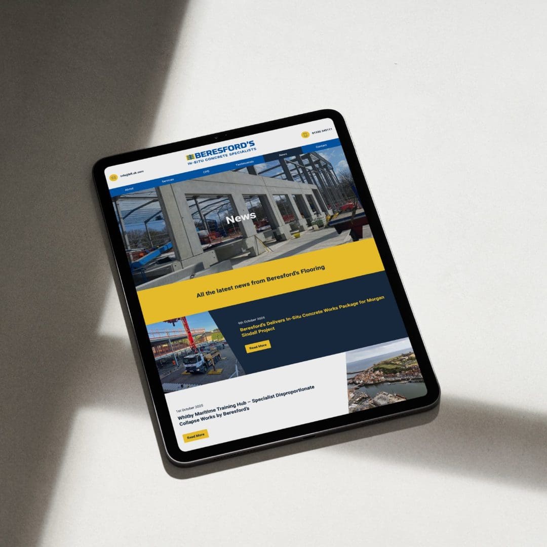 Beresford's Concrete Flooring website on ipad screen